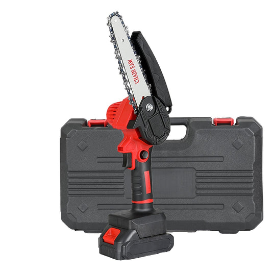 A RYNOMATE Mini Handheld 6 Inch Cordless Electric Chainsaw RNM-MEC-100-XB with a small bar and chain is positioned upright in front of a closed black plastic carrying case with a handle and red latches.