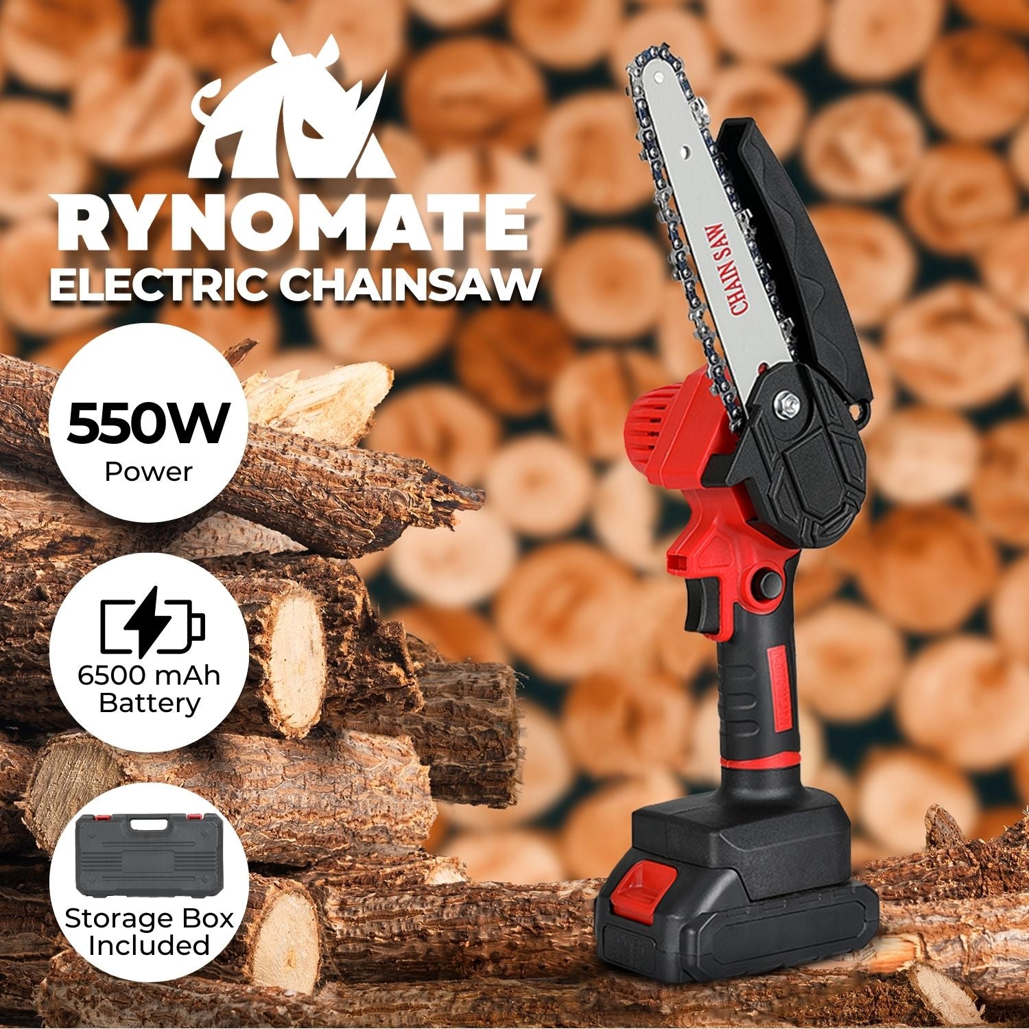 A RYNOMATE Mini Handheld 6 Inch Cordless Electric Chainsaw RNM-MEC-100-XB with a small bar and chain is positioned upright in front of a closed black plastic carrying case with a handle and red latches.