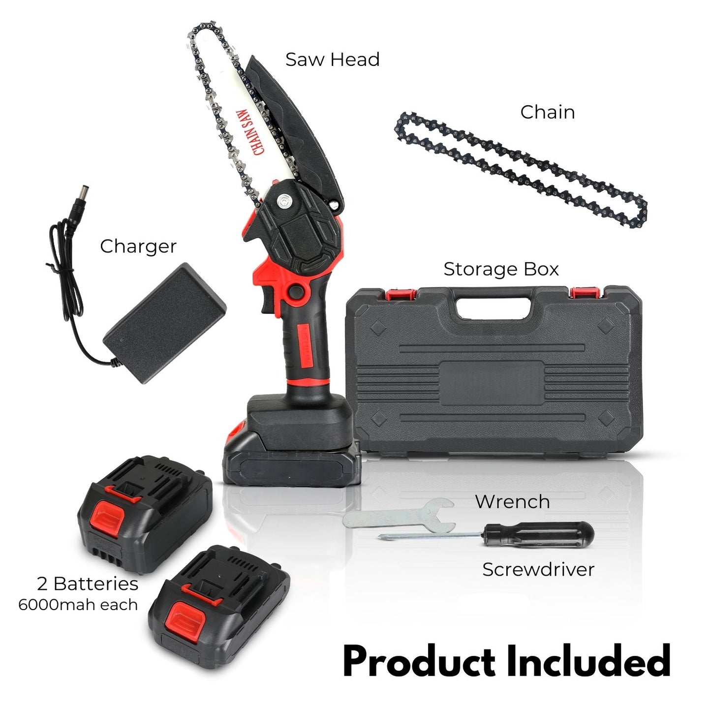 A RYNOMATE Mini Handheld 6 Inch Cordless Electric Chainsaw RNM-MEC-100-XB with a small bar and chain is positioned upright in front of a closed black plastic carrying case with a handle and red latches.