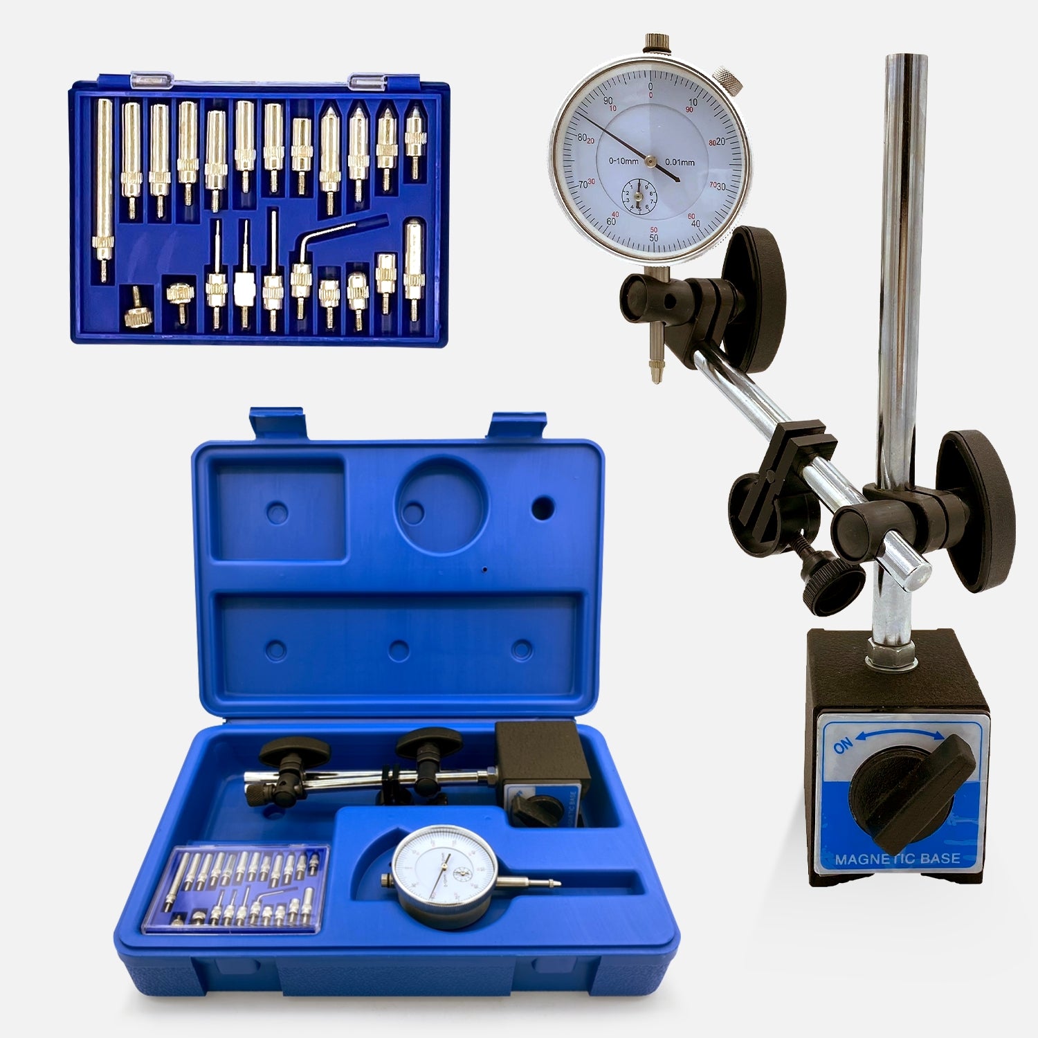 Three precision measuring tools: a top-left blue case with gauges, a top-center white dial indicator gauge with fixtures, and a bottom-left large open blue case with a dial indicator, fixtures, and additional equipment including an adjustable arm. A bottom-right RYNOMATE Dial Indicator Gauge Magnetic Base with 22 Indicator Point Set (Blue) RNM-DIG-100-JY completes the set.