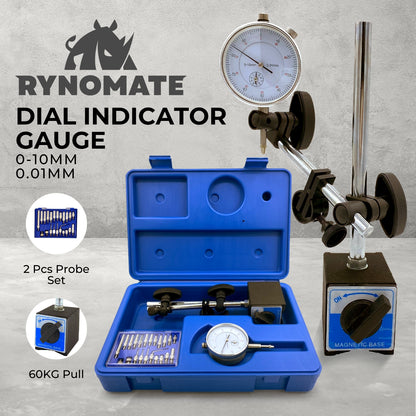 Three precision measuring tools: a top-left blue case with gauges, a top-center white dial indicator gauge with fixtures, and a bottom-left large open blue case with a dial indicator, fixtures, and additional equipment including an adjustable arm. A bottom-right RYNOMATE Dial Indicator Gauge Magnetic Base with 22 Indicator Point Set (Blue) RNM-DIG-100-JY completes the set.