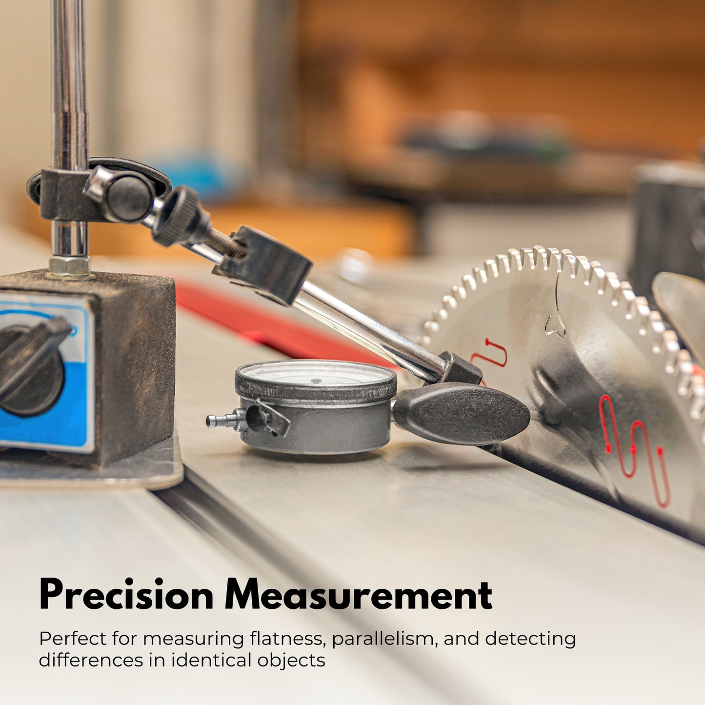 Three precision measuring tools: a top-left blue case with gauges, a top-center white dial indicator gauge with fixtures, and a bottom-left large open blue case with a dial indicator, fixtures, and additional equipment including an adjustable arm. A bottom-right RYNOMATE Dial Indicator Gauge Magnetic Base with 22 Indicator Point Set (Blue) RNM-DIG-100-JY completes the set.