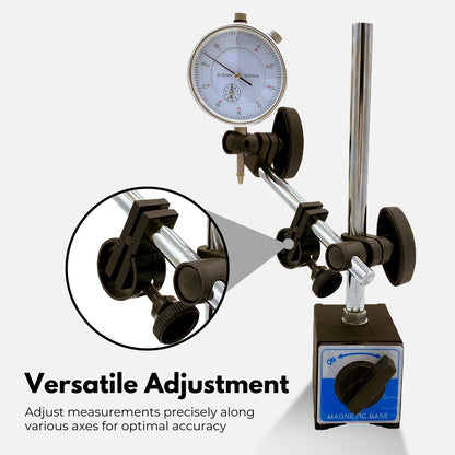 Three precision measuring tools: a top-left blue case with gauges, a top-center white dial indicator gauge with fixtures, and a bottom-left large open blue case with a dial indicator, fixtures, and additional equipment including an adjustable arm. A bottom-right RYNOMATE Dial Indicator Gauge Magnetic Base with 22 Indicator Point Set (Blue) RNM-DIG-100-JY completes the set.