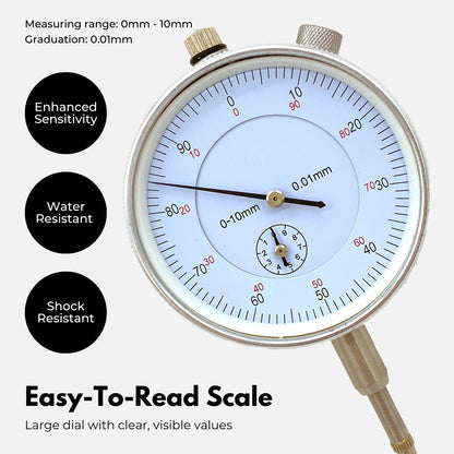 Three precision measuring tools: a top-left blue case with gauges, a top-center white dial indicator gauge with fixtures, and a bottom-left large open blue case with a dial indicator, fixtures, and additional equipment including an adjustable arm. A bottom-right RYNOMATE Dial Indicator Gauge Magnetic Base with 22 Indicator Point Set (Blue) RNM-DIG-100-JY completes the set.