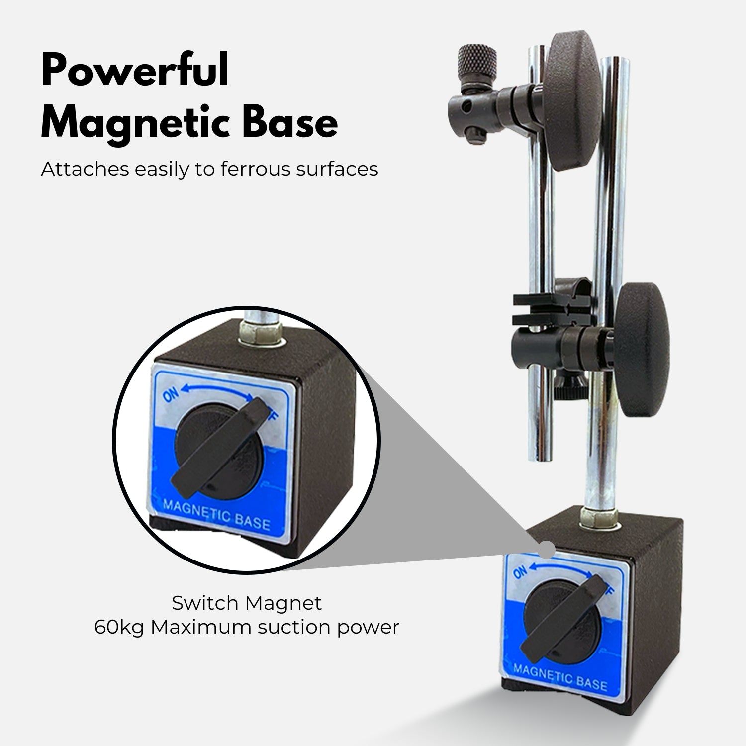 Three precision measuring tools: a top-left blue case with gauges, a top-center white dial indicator gauge with fixtures, and a bottom-left large open blue case with a dial indicator, fixtures, and additional equipment including an adjustable arm. A bottom-right RYNOMATE Dial Indicator Gauge Magnetic Base with 22 Indicator Point Set (Blue) RNM-DIG-100-JY completes the set.