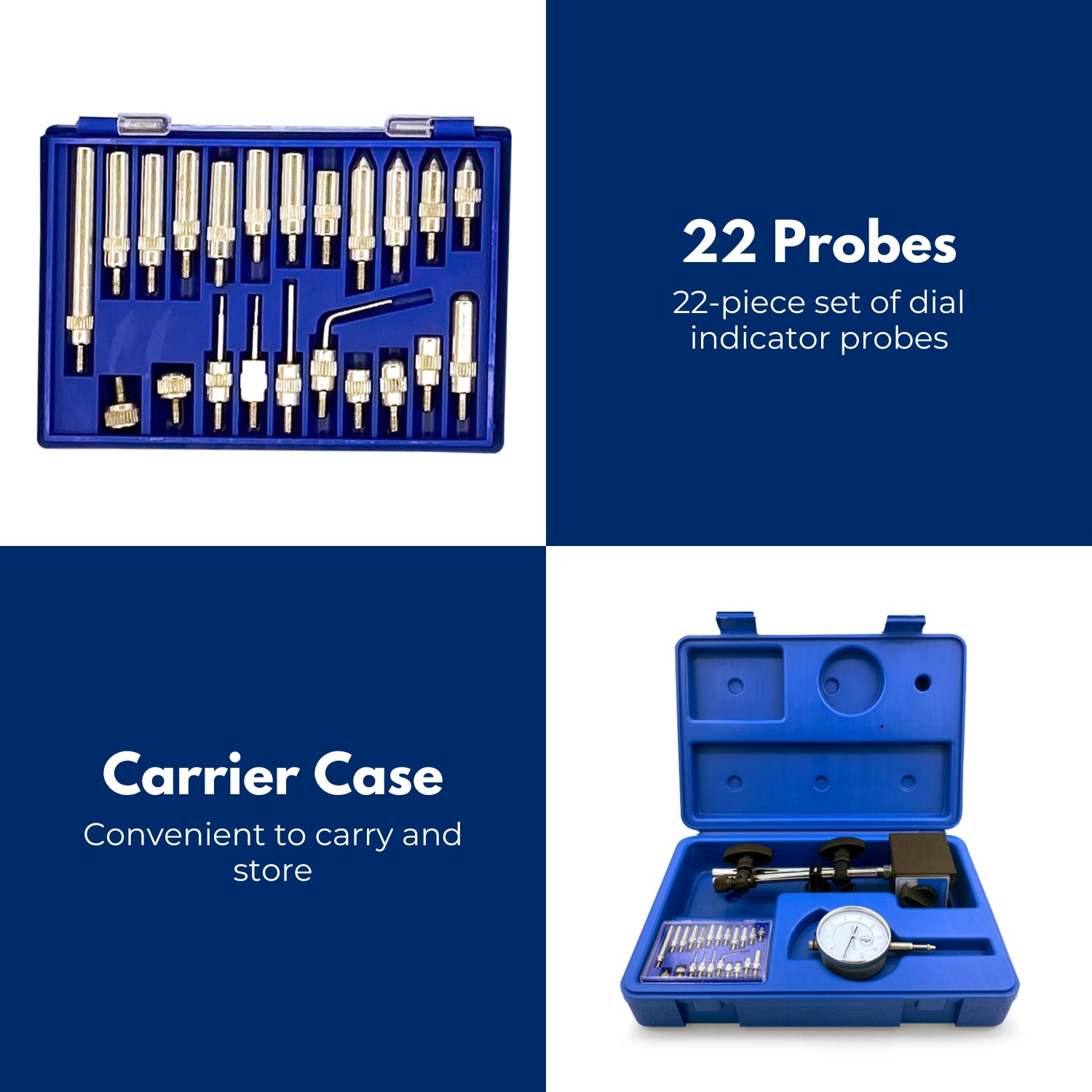 Three precision measuring tools: a top-left blue case with gauges, a top-center white dial indicator gauge with fixtures, and a bottom-left large open blue case with a dial indicator, fixtures, and additional equipment including an adjustable arm. A bottom-right RYNOMATE Dial Indicator Gauge Magnetic Base with 22 Indicator Point Set (Blue) RNM-DIG-100-JY completes the set.