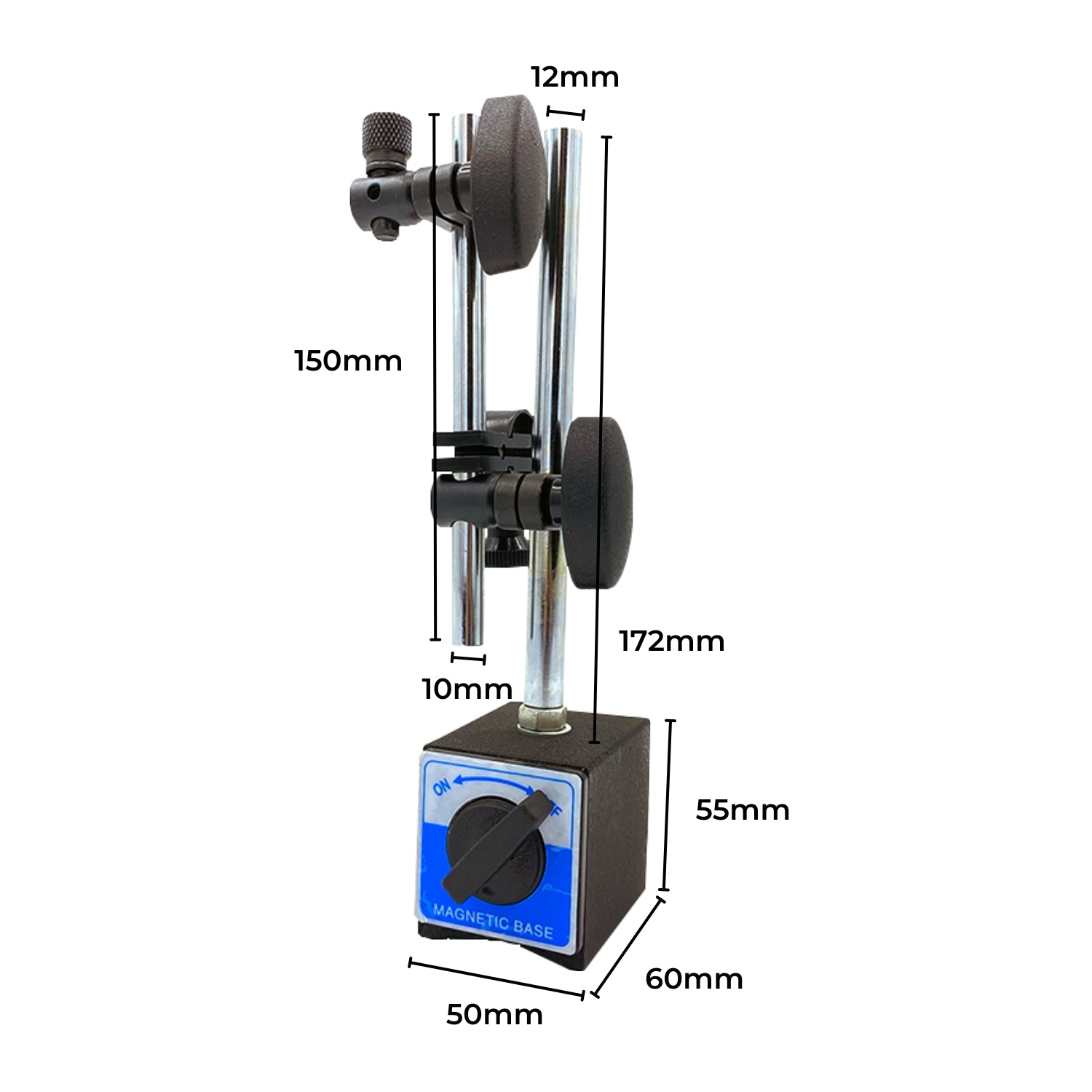 Three precision measuring tools: a top-left blue case with gauges, a top-center white dial indicator gauge with fixtures, and a bottom-left large open blue case with a dial indicator, fixtures, and additional equipment including an adjustable arm. A bottom-right RYNOMATE Dial Indicator Gauge Magnetic Base with 22 Indicator Point Set (Blue) RNM-DIG-100-JY completes the set.