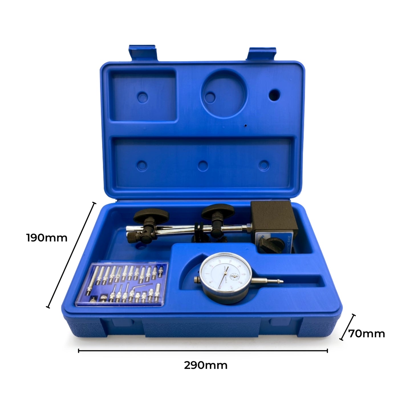 Three precision measuring tools: a top-left blue case with gauges, a top-center white dial indicator gauge with fixtures, and a bottom-left large open blue case with a dial indicator, fixtures, and additional equipment including an adjustable arm. A bottom-right RYNOMATE Dial Indicator Gauge Magnetic Base with 22 Indicator Point Set (Blue) RNM-DIG-100-JY completes the set.