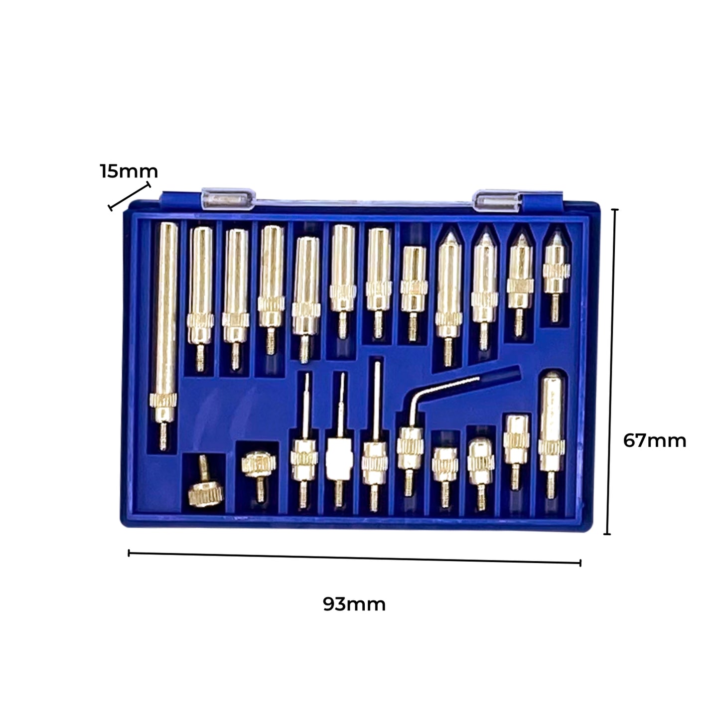 Three precision measuring tools: a top-left blue case with gauges, a top-center white dial indicator gauge with fixtures, and a bottom-left large open blue case with a dial indicator, fixtures, and additional equipment including an adjustable arm. A bottom-right RYNOMATE Dial Indicator Gauge Magnetic Base with 22 Indicator Point Set (Blue) RNM-DIG-100-JY completes the set.