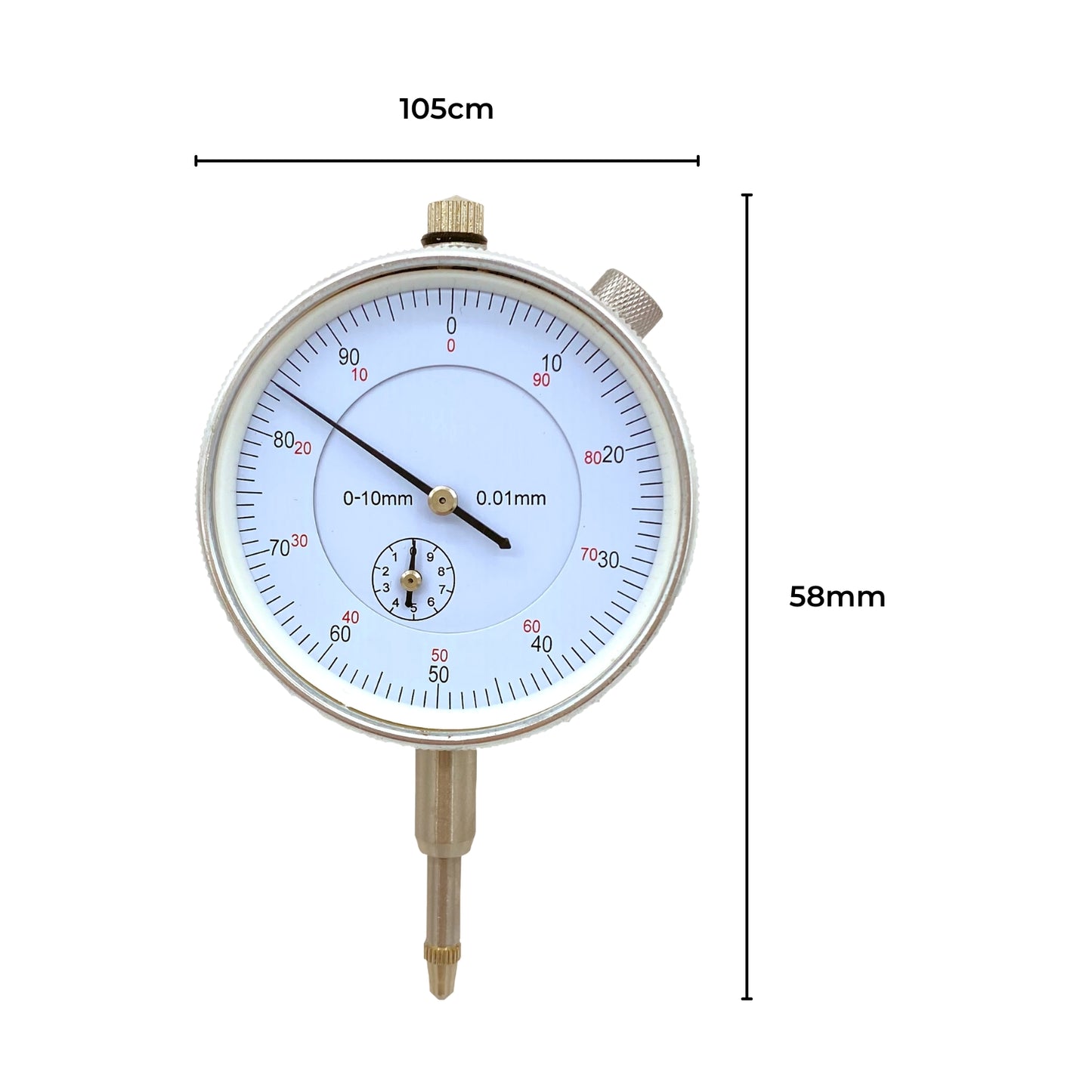 Three precision measuring tools: a top-left blue case with gauges, a top-center white dial indicator gauge with fixtures, and a bottom-left large open blue case with a dial indicator, fixtures, and additional equipment including an adjustable arm. A bottom-right RYNOMATE Dial Indicator Gauge Magnetic Base with 22 Indicator Point Set (Blue) RNM-DIG-100-JY completes the set.