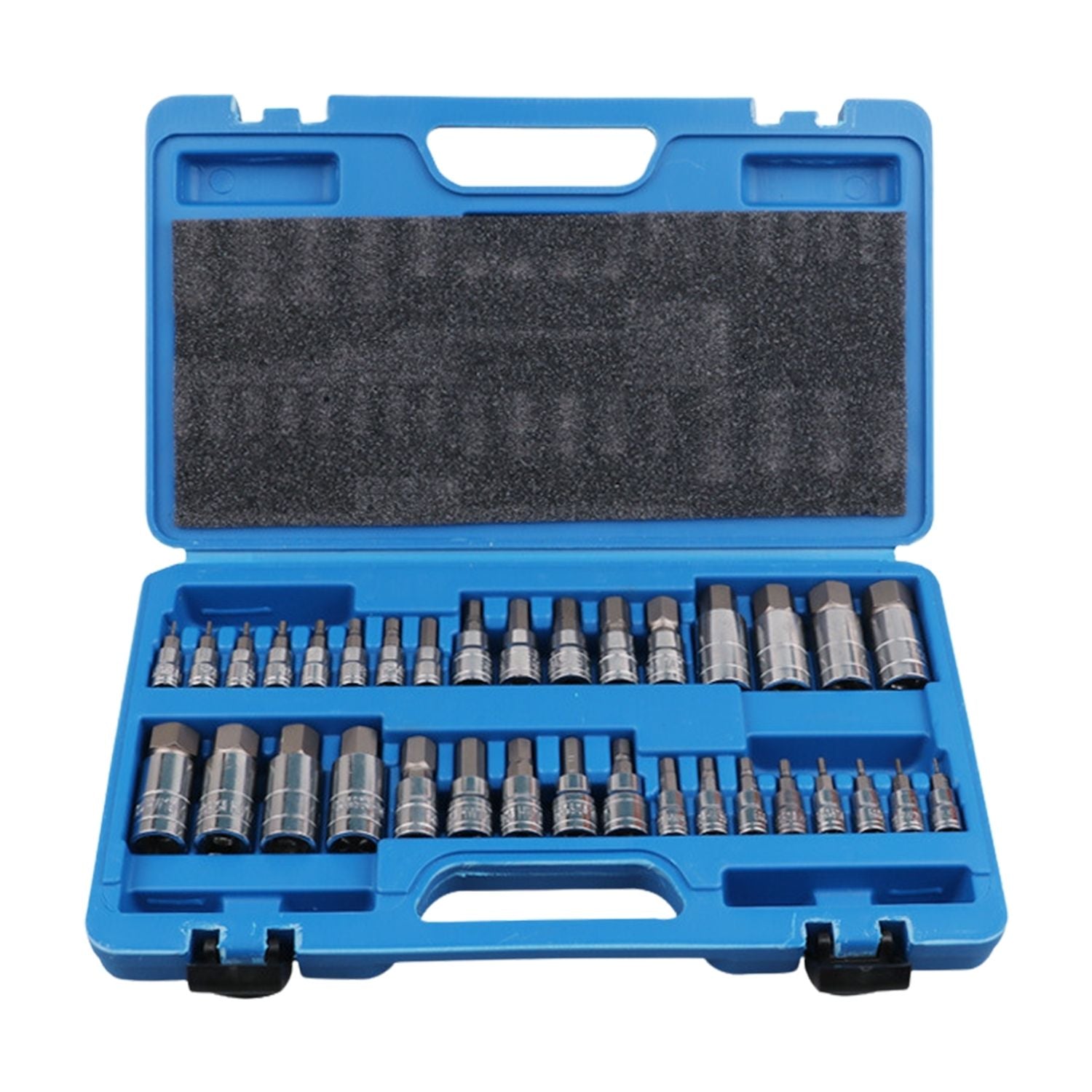 A blue plastic tool case with a black handle and two clasps, containing various metal sockets and CNC machined drill bits neatly organized in individual slots. The case is open and displays the RYNOMATE Hex Bit Socket Set with 1/4" 3/8" 1/2" Allen Key Adapter 34pc RNM-HBS-100-DZ on a white background.