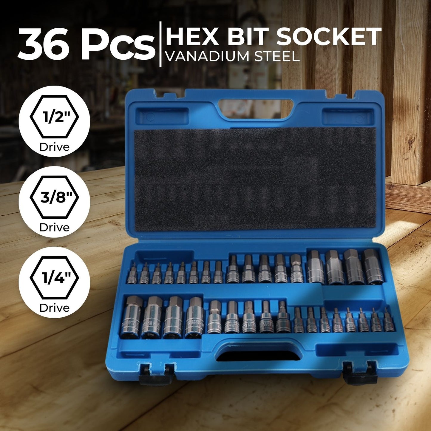 A blue plastic tool case with a black handle and two clasps, containing various metal sockets and CNC machined drill bits neatly organized in individual slots. The case is open and displays the RYNOMATE Hex Bit Socket Set with 1/4" 3/8" 1/2" Allen Key Adapter 34pc RNM-HBS-100-DZ on a white background.