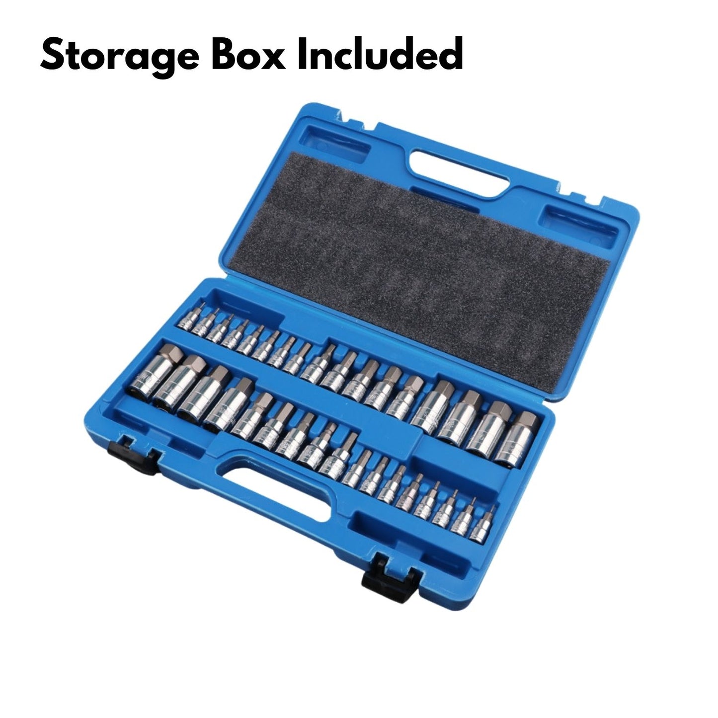 A blue plastic tool case with a black handle and two clasps, containing various metal sockets and CNC machined drill bits neatly organized in individual slots. The case is open and displays the RYNOMATE Hex Bit Socket Set with 1/4" 3/8" 1/2" Allen Key Adapter 34pc RNM-HBS-100-DZ on a white background.