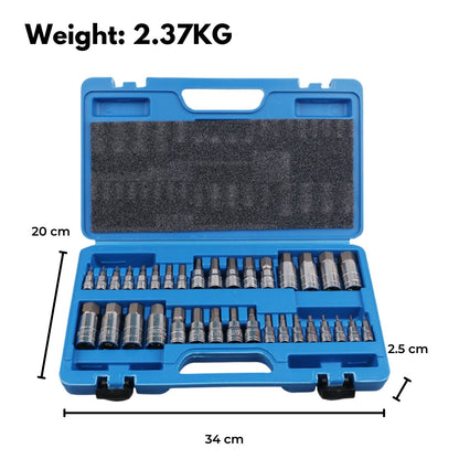 A blue plastic tool case with a black handle and two clasps, containing various metal sockets and CNC machined drill bits neatly organized in individual slots. The case is open and displays the RYNOMATE Hex Bit Socket Set with 1/4" 3/8" 1/2" Allen Key Adapter 34pc RNM-HBS-100-DZ on a white background.