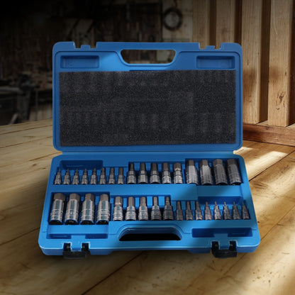 A blue plastic tool case with a black handle and two clasps, containing various metal sockets and CNC machined drill bits neatly organized in individual slots. The case is open and displays the RYNOMATE Hex Bit Socket Set with 1/4" 3/8" 1/2" Allen Key Adapter 34pc RNM-HBS-100-DZ on a white background.