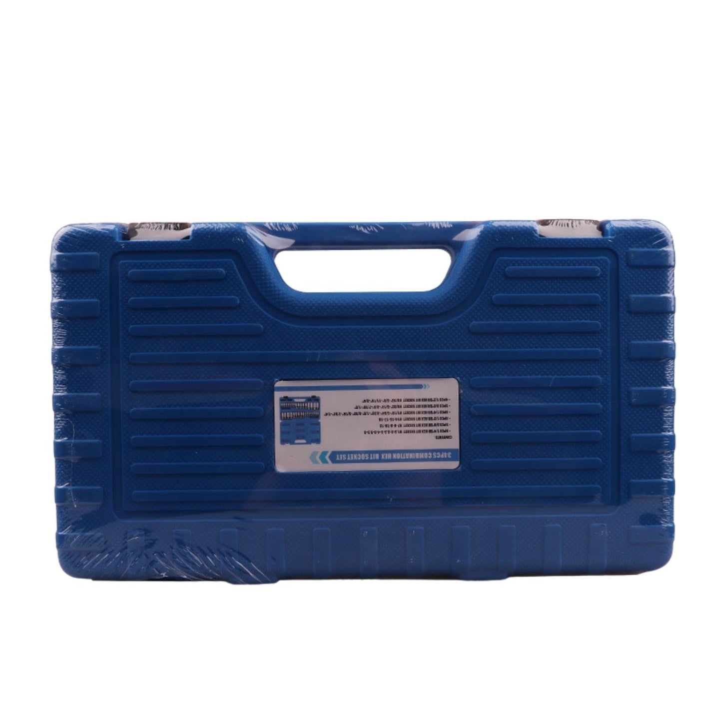 A blue plastic tool case with a black handle and two clasps, containing various metal sockets and CNC machined drill bits neatly organized in individual slots. The case is open and displays the RYNOMATE Hex Bit Socket Set with 1/4" 3/8" 1/2" Allen Key Adapter 34pc RNM-HBS-100-DZ on a white background.