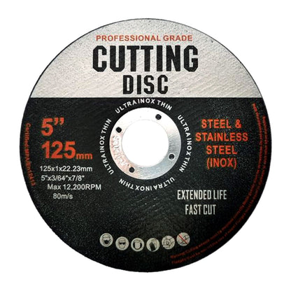 A professional-grade RYNOMATE 50 Pcs Cutting Wheel Discs 125mm (Black) RNM-CD-100-JS, designed for cutting steel and stainless steel. This circular disc, suitable for angle grinding, features a central hole and has technical specifications for speed and compatibility printed on it.