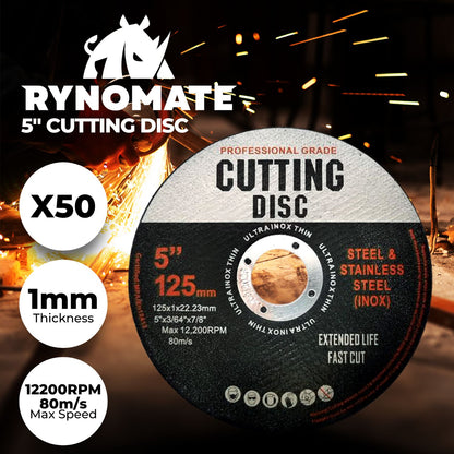 A professional-grade RYNOMATE 50 Pcs Cutting Wheel Discs 125mm (Black) RNM-CD-100-JS, designed for cutting steel and stainless steel. This circular disc, suitable for angle grinding, features a central hole and has technical specifications for speed and compatibility printed on it.