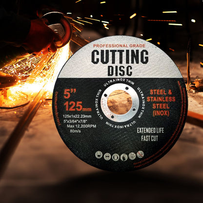 A professional-grade RYNOMATE 50 Pcs Cutting Wheel Discs 125mm (Black) RNM-CD-100-JS, designed for cutting steel and stainless steel. This circular disc, suitable for angle grinding, features a central hole and has technical specifications for speed and compatibility printed on it.