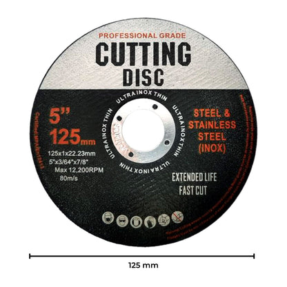 A professional-grade RYNOMATE 50 Pcs Cutting Wheel Discs 125mm (Black) RNM-CD-100-JS, designed for cutting steel and stainless steel. This circular disc, suitable for angle grinding, features a central hole and has technical specifications for speed and compatibility printed on it.