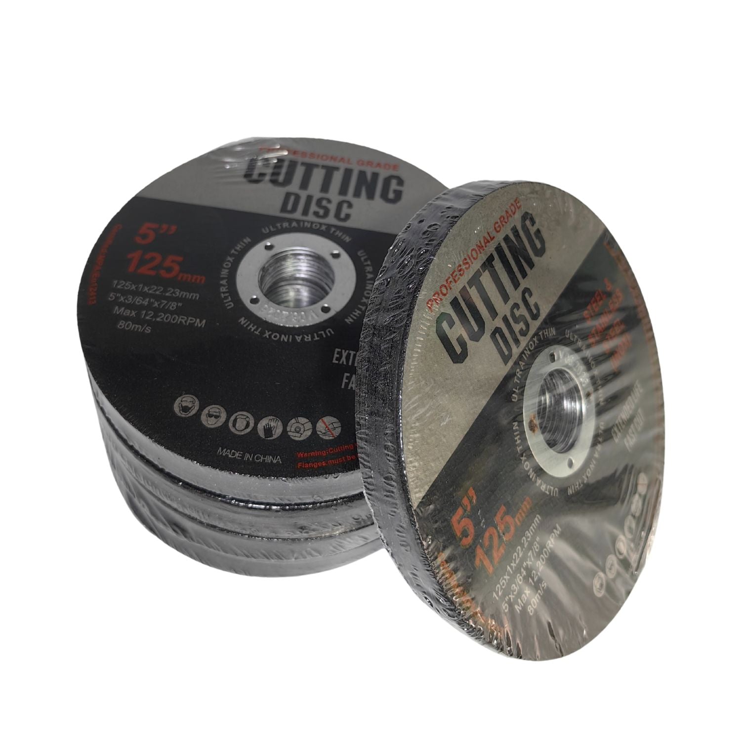 A professional-grade RYNOMATE 50 Pcs Cutting Wheel Discs 125mm (Black) RNM-CD-100-JS, designed for cutting steel and stainless steel. This circular disc, suitable for angle grinding, features a central hole and has technical specifications for speed and compatibility printed on it.