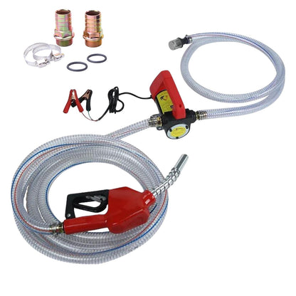 This image shows a RYNOMATE 12V Portable Electric Diesel and Kerosene Transfer Pump Extractor (45L/min) RNM-DTP-100-NMS featuring a red fuel nozzle connected to a flexible, transparent hose. The kit also includes two brass connectors, hose clamps, washers, and an ultra-fine brass filter. The coiled hose is paired with a high flow rate performance electronic pump.