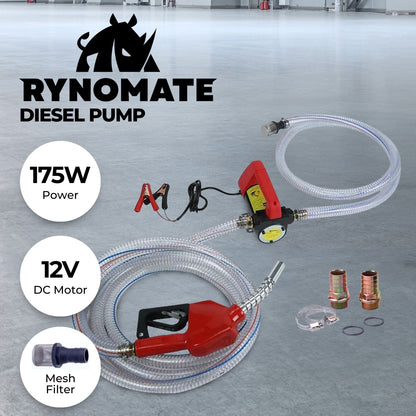 This image shows a RYNOMATE 12V Portable Electric Diesel and Kerosene Transfer Pump Extractor (45L/min) RNM-DTP-100-NMS featuring a red fuel nozzle connected to a flexible, transparent hose. The kit also includes two brass connectors, hose clamps, washers, and an ultra-fine brass filter. The coiled hose is paired with a high flow rate performance electronic pump.