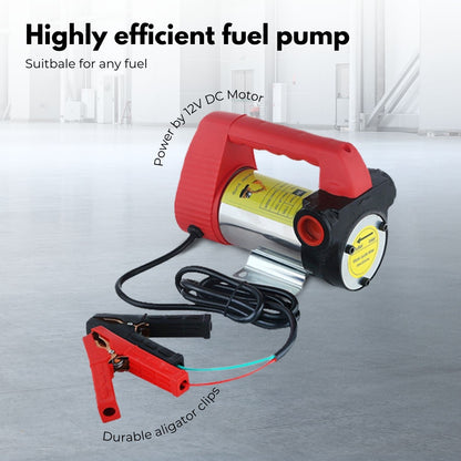 This image shows a RYNOMATE 12V Portable Electric Diesel and Kerosene Transfer Pump Extractor (45L/min) RNM-DTP-100-NMS featuring a red fuel nozzle connected to a flexible, transparent hose. The kit also includes two brass connectors, hose clamps, washers, and an ultra-fine brass filter. The coiled hose is paired with a high flow rate performance electronic pump.