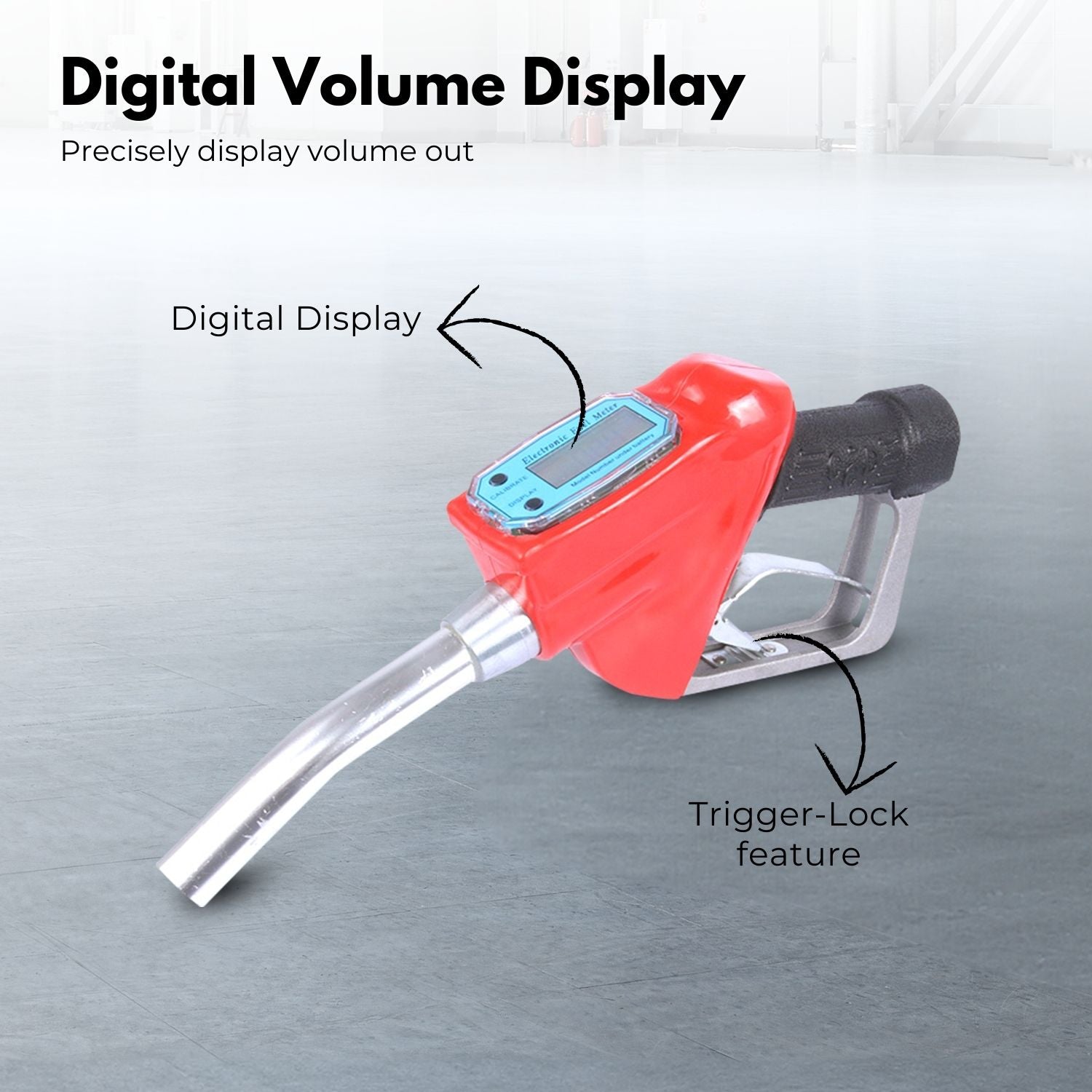 This image shows a RYNOMATE 12V Portable Electric Diesel and Kerosene Transfer Pump Extractor (45L/min) RNM-DTP-100-NMS featuring a red fuel nozzle connected to a flexible, transparent hose. The kit also includes two brass connectors, hose clamps, washers, and an ultra-fine brass filter. The coiled hose is paired with a high flow rate performance electronic pump.