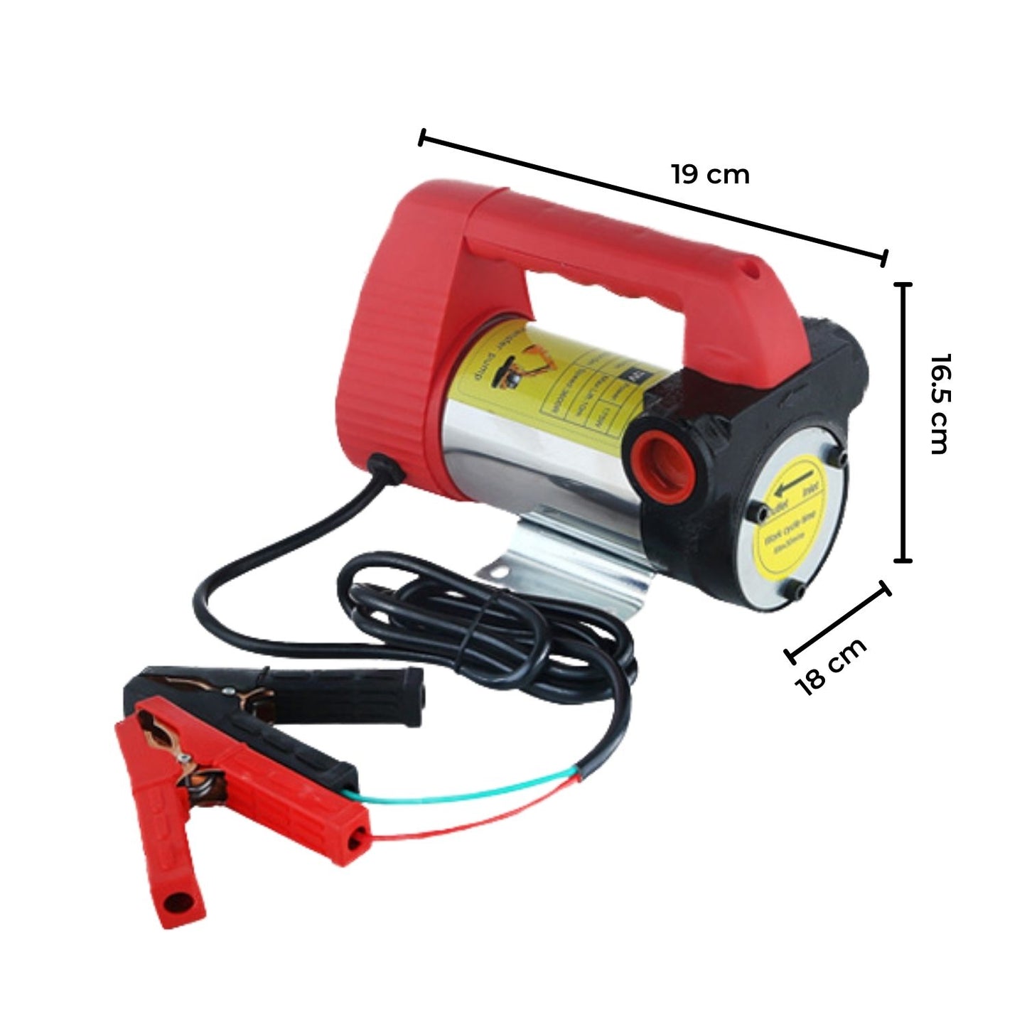 This image shows a RYNOMATE 12V Portable Electric Diesel and Kerosene Transfer Pump Extractor (45L/min) RNM-DTP-100-NMS featuring a red fuel nozzle connected to a flexible, transparent hose. The kit also includes two brass connectors, hose clamps, washers, and an ultra-fine brass filter. The coiled hose is paired with a high flow rate performance electronic pump.