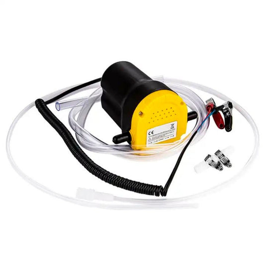 A compact, RYNOMATE 12V Portable Small Transfer Pump for Gear Oil, Lubricant, and Edible Oil Transfer (2-3L/min) RNM-DTP-101-NMS with a yellow body and black casing is connected to a clear hose coiled around it. The durable construction includes a yellow sticker with text and a black power cord. Metal clips and clamps near the pump ensure secure hose connections, optimizing its high flow rate efficiency.