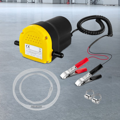 A compact, RYNOMATE 12V Portable Small Transfer Pump for Gear Oil, Lubricant, and Edible Oil Transfer (2-3L/min) RNM-DTP-101-NMS with a yellow body and black casing is connected to a clear hose coiled around it. The durable construction includes a yellow sticker with text and a black power cord. Metal clips and clamps near the pump ensure secure hose connections, optimizing its high flow rate efficiency.