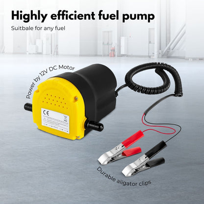 A compact, RYNOMATE 12V Portable Small Transfer Pump for Gear Oil, Lubricant, and Edible Oil Transfer (2-3L/min) RNM-DTP-101-NMS with a yellow body and black casing is connected to a clear hose coiled around it. The durable construction includes a yellow sticker with text and a black power cord. Metal clips and clamps near the pump ensure secure hose connections, optimizing its high flow rate efficiency.