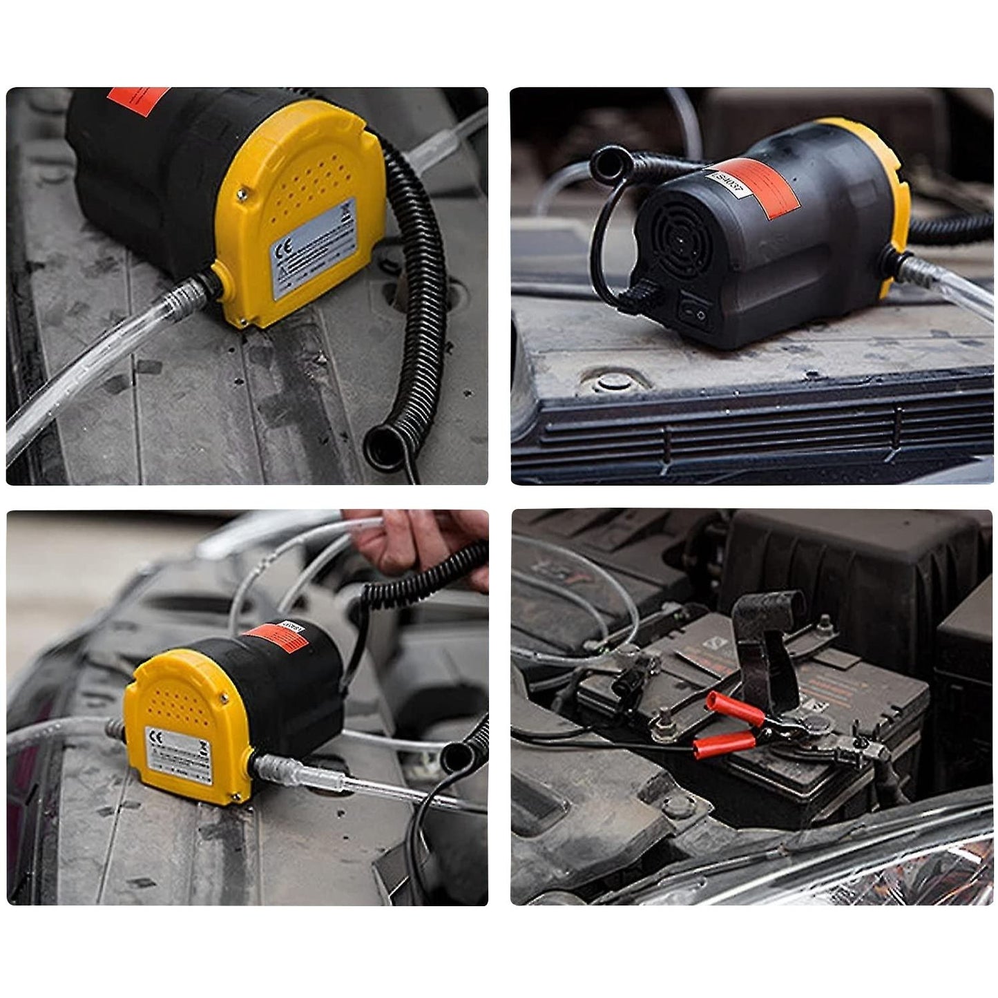 A compact, RYNOMATE 12V Portable Small Transfer Pump for Gear Oil, Lubricant, and Edible Oil Transfer (2-3L/min) RNM-DTP-101-NMS with a yellow body and black casing is connected to a clear hose coiled around it. The durable construction includes a yellow sticker with text and a black power cord. Metal clips and clamps near the pump ensure secure hose connections, optimizing its high flow rate efficiency.