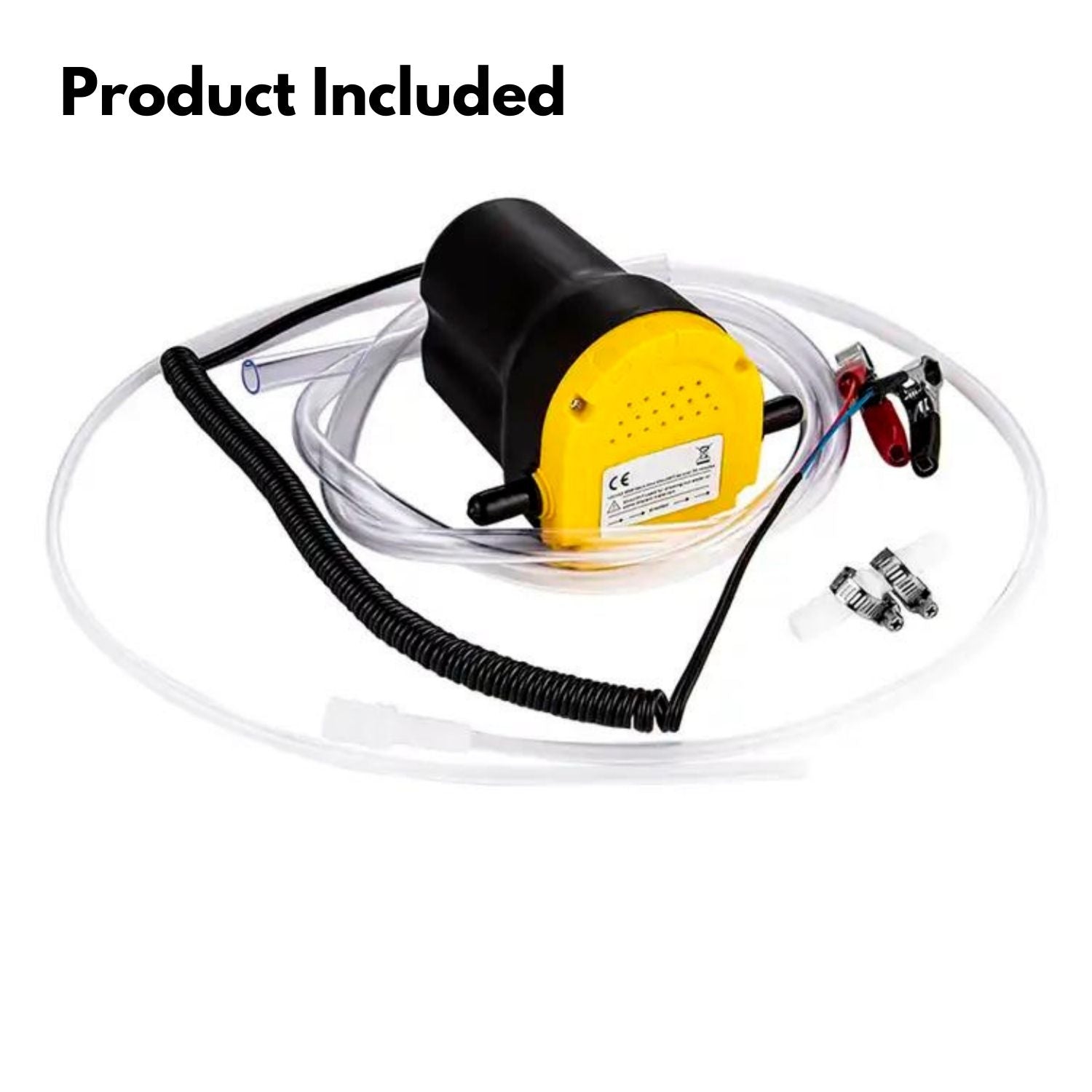 A compact, RYNOMATE 12V Portable Small Transfer Pump for Gear Oil, Lubricant, and Edible Oil Transfer (2-3L/min) RNM-DTP-101-NMS with a yellow body and black casing is connected to a clear hose coiled around it. The durable construction includes a yellow sticker with text and a black power cord. Metal clips and clamps near the pump ensure secure hose connections, optimizing its high flow rate efficiency.