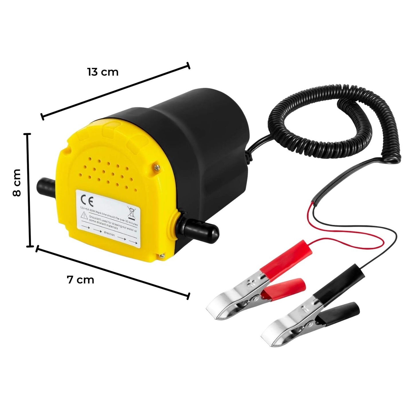 A compact, RYNOMATE 12V Portable Small Transfer Pump for Gear Oil, Lubricant, and Edible Oil Transfer (2-3L/min) RNM-DTP-101-NMS with a yellow body and black casing is connected to a clear hose coiled around it. The durable construction includes a yellow sticker with text and a black power cord. Metal clips and clamps near the pump ensure secure hose connections, optimizing its high flow rate efficiency.