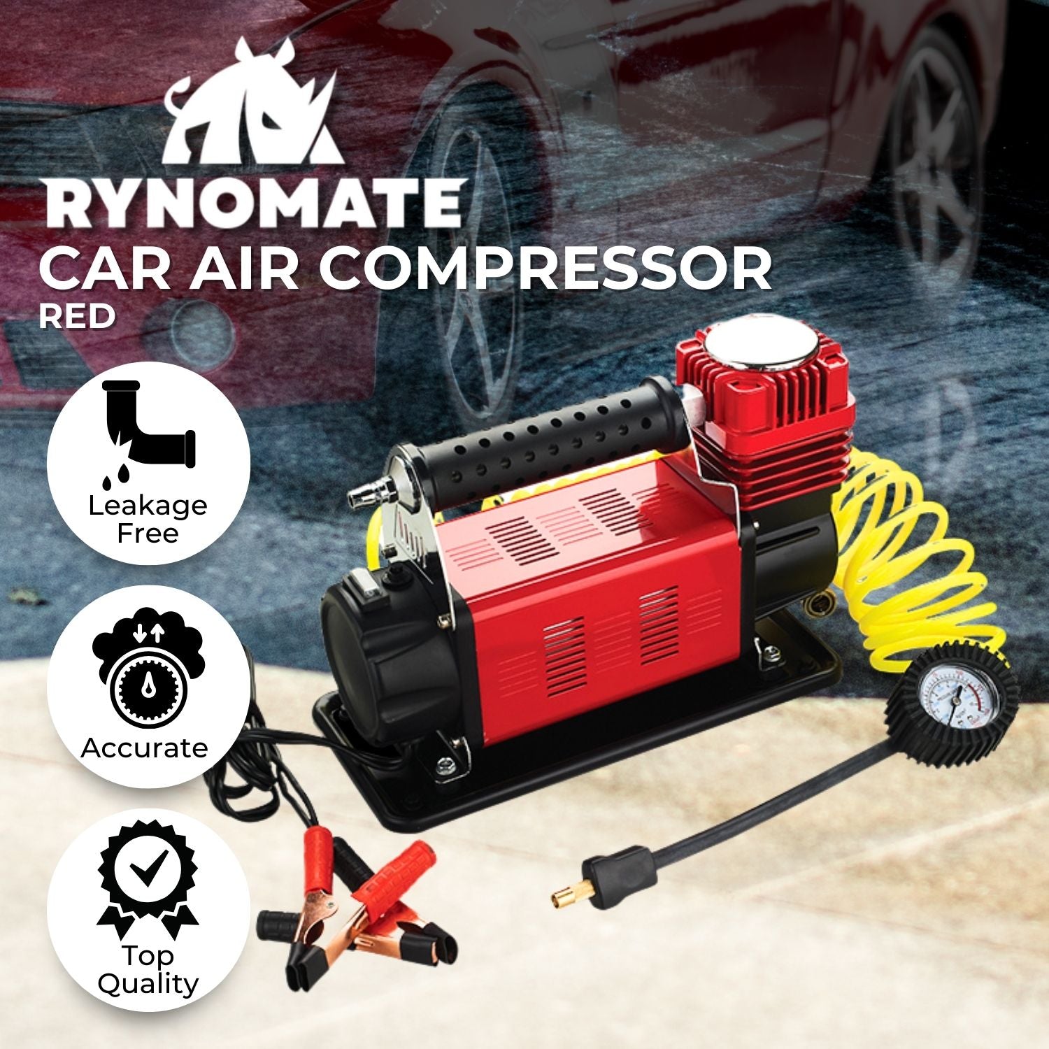 The RYNOMATE 540W Car Air Compressor for Car Tires (Red) RNM-CTAC-100-ZC featuring a red and black body with a handle, yellow coiled hose, pressure gauge for precision monitoring, and power cord with alligator clips. The device is designed for inflating tires and other inflatables with dependable performance.