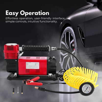 The RYNOMATE 540W Car Air Compressor for Car Tires (Red) RNM-CTAC-100-ZC featuring a red and black body with a handle, yellow coiled hose, pressure gauge for precision monitoring, and power cord with alligator clips. The device is designed for inflating tires and other inflatables with dependable performance.