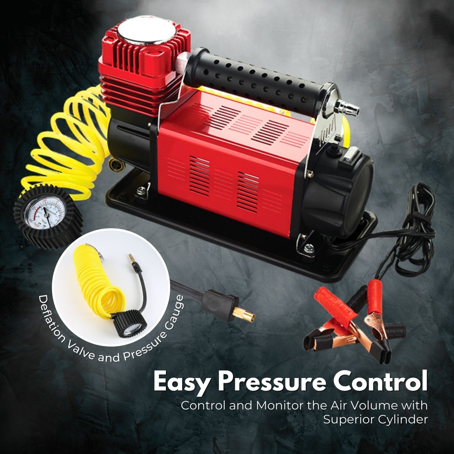 The RYNOMATE 540W Car Air Compressor for Car Tires (Red) RNM-CTAC-100-ZC featuring a red and black body with a handle, yellow coiled hose, pressure gauge for precision monitoring, and power cord with alligator clips. The device is designed for inflating tires and other inflatables with dependable performance.