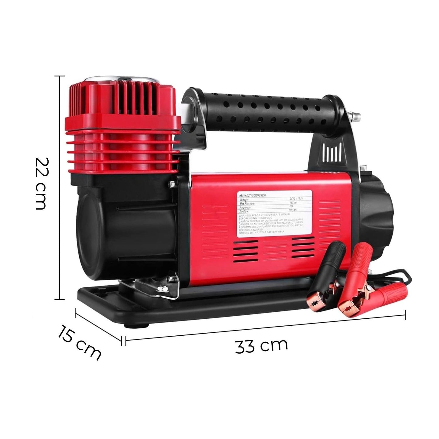 The RYNOMATE 540W Car Air Compressor for Car Tires (Red) RNM-CTAC-100-ZC featuring a red and black body with a handle, yellow coiled hose, pressure gauge for precision monitoring, and power cord with alligator clips. The device is designed for inflating tires and other inflatables with dependable performance.