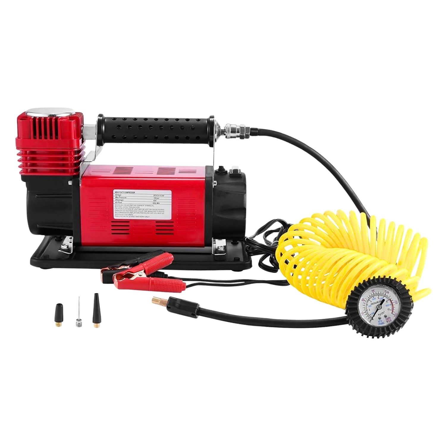 The RYNOMATE 540W Car Air Compressor for Car Tires (Red) RNM-CTAC-100-ZC featuring a red and black body with a handle, yellow coiled hose, pressure gauge for precision monitoring, and power cord with alligator clips. The device is designed for inflating tires and other inflatables with dependable performance.