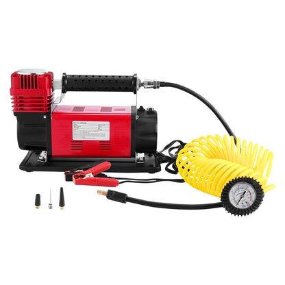 The RYNOMATE 540W Car Air Compressor for Car Tires (Red) RNM-CTAC-100-ZC featuring a red and black body with a handle, yellow coiled hose, pressure gauge for precision monitoring, and power cord with alligator clips. The device is designed for inflating tires and other inflatables with dependable performance.