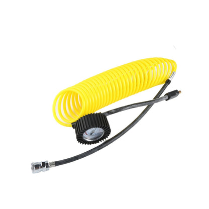 The RYNOMATE 540W Car Air Compressor for Car Tires (Red) RNM-CTAC-100-ZC featuring a red and black body with a handle, yellow coiled hose, pressure gauge for precision monitoring, and power cord with alligator clips. The device is designed for inflating tires and other inflatables with dependable performance.