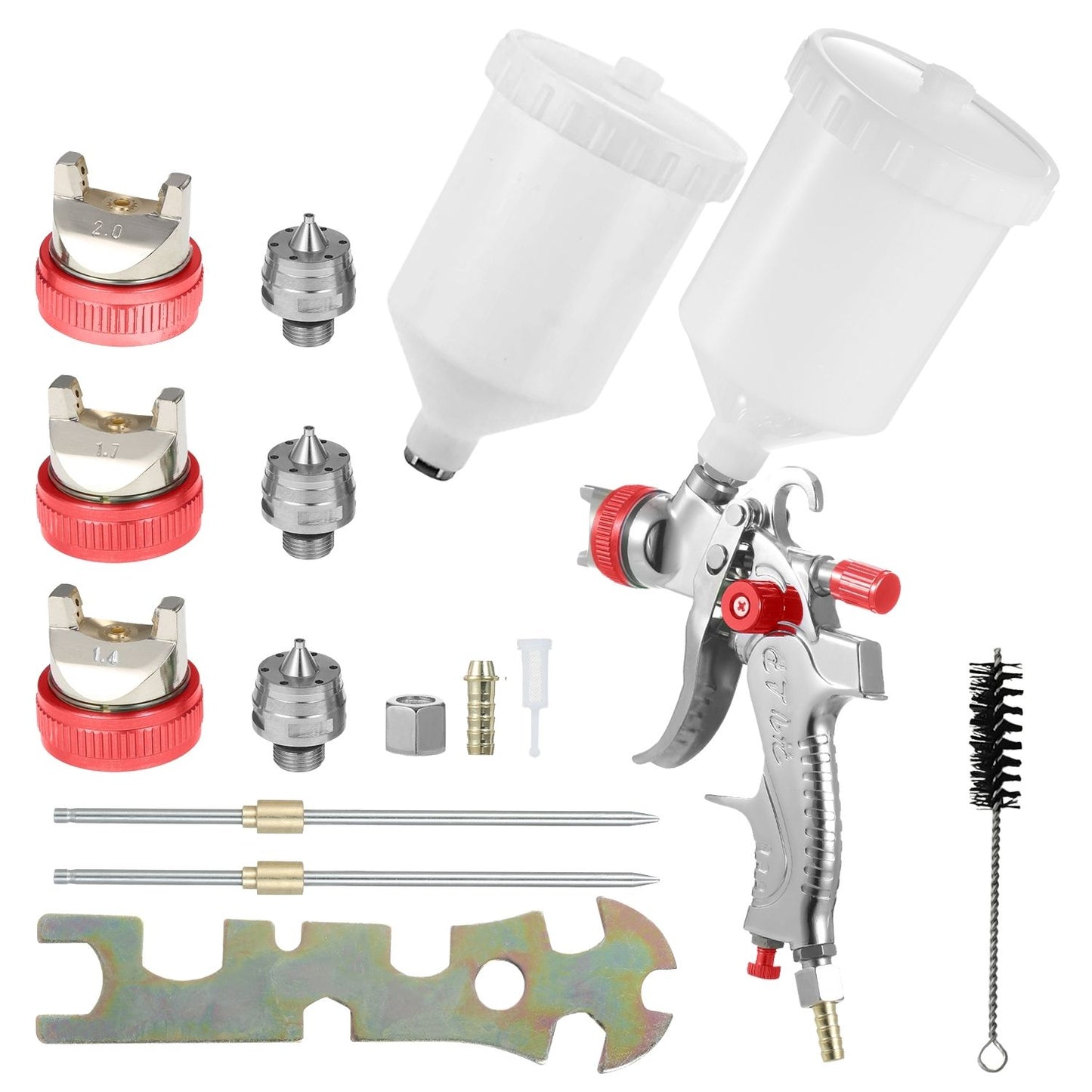 An RYNOMATE Gravity Feed Air Spray Paint Gun Kit with 3 Nozzle (Red) RNM-PSG-100-SK, with aluminum alloy construction and attached paint containers, including various nozzles, caps, and cleaning tools. The set features multiple red and silver spray tips, a cleaning brush, a wrench, and extra accessories for comprehensive maintenance and versatile use.