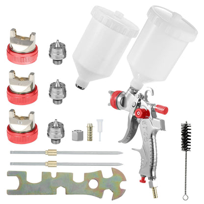 An RYNOMATE Gravity Feed Air Spray Paint Gun Kit with 3 Nozzle (Red) RNM-PSG-100-SK, with aluminum alloy construction and attached paint containers, including various nozzles, caps, and cleaning tools. The set features multiple red and silver spray tips, a cleaning brush, a wrench, and extra accessories for comprehensive maintenance and versatile use.