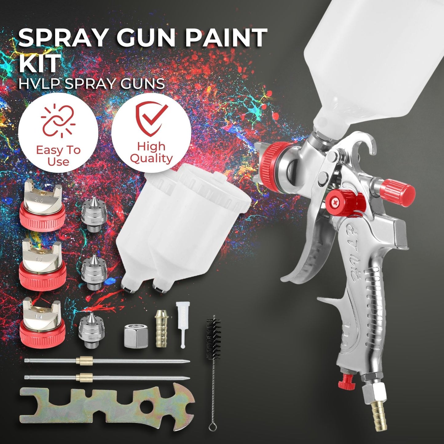 An RYNOMATE Gravity Feed Air Spray Paint Gun Kit with 3 Nozzle (Red) RNM-PSG-100-SK, with aluminum alloy construction and attached paint containers, including various nozzles, caps, and cleaning tools. The set features multiple red and silver spray tips, a cleaning brush, a wrench, and extra accessories for comprehensive maintenance and versatile use.