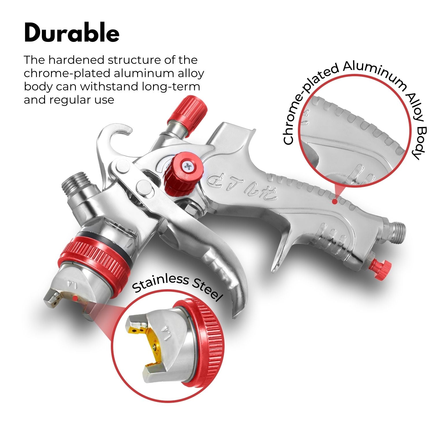 An RYNOMATE Gravity Feed Air Spray Paint Gun Kit with 3 Nozzle (Red) RNM-PSG-100-SK, with aluminum alloy construction and attached paint containers, including various nozzles, caps, and cleaning tools. The set features multiple red and silver spray tips, a cleaning brush, a wrench, and extra accessories for comprehensive maintenance and versatile use.