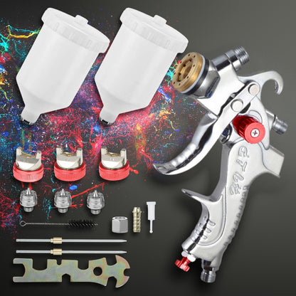 An RYNOMATE Gravity Feed Air Spray Paint Gun Kit with 3 Nozzle (Red) RNM-PSG-100-SK, with aluminum alloy construction and attached paint containers, including various nozzles, caps, and cleaning tools. The set features multiple red and silver spray tips, a cleaning brush, a wrench, and extra accessories for comprehensive maintenance and versatile use.