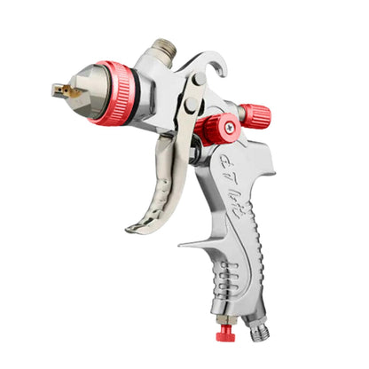 An RYNOMATE Gravity Feed Air Spray Paint Gun Kit with 3 Nozzle (Red) RNM-PSG-100-SK, with aluminum alloy construction and attached paint containers, including various nozzles, caps, and cleaning tools. The set features multiple red and silver spray tips, a cleaning brush, a wrench, and extra accessories for comprehensive maintenance and versatile use.