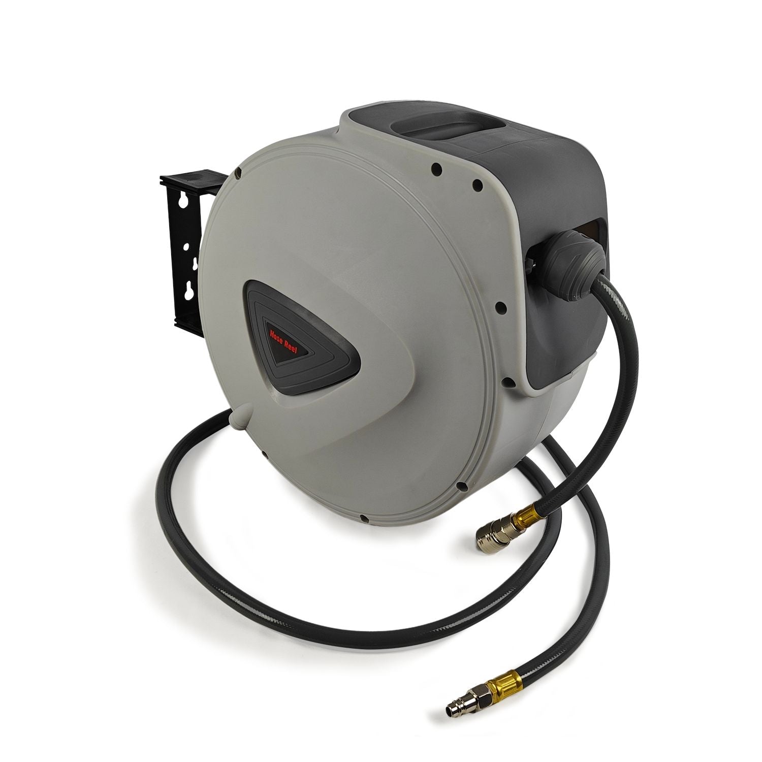 A RYNOMATE Air Hose Reel with 20m Retractable Compressor RNM-AHR-100-XB with a black hose extending from it. The commercial-grade construction includes brass connectors at both ends and quick-connect fittings. The reel features a sturdy black mounting bracket and a sleek design with a matte finish.